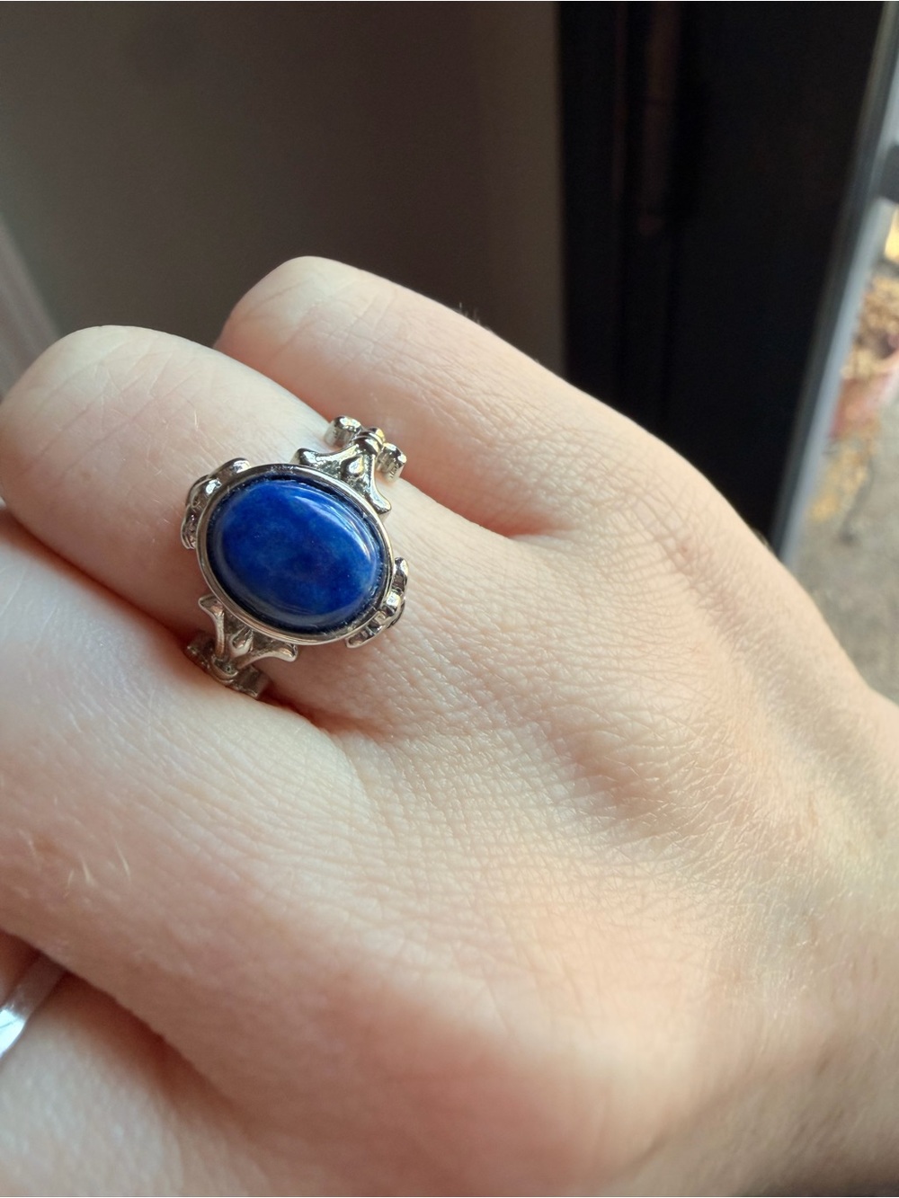 Silver Blue Lapis Lazuli Oval Statement Ring adjustable